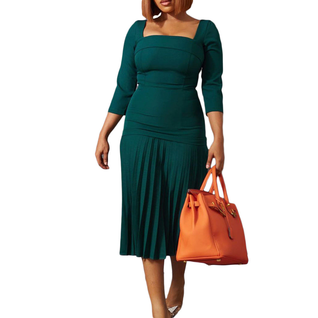 Damen Plissee-Kleid mit elegantem Quadrat-Ausschnitt und 3/4-Ärmeln Drune