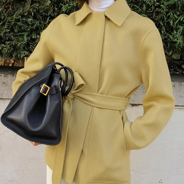 Damen Modische Oversized-Jacke mit Gürtel und hochgeschlossenem Kragen Drune