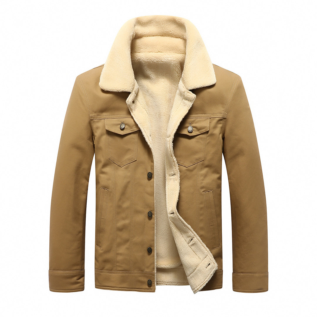 Herren Gefütterte Sherpa‑Truckerjacke mit Kunstfellkragen und Pattentaschen Drune