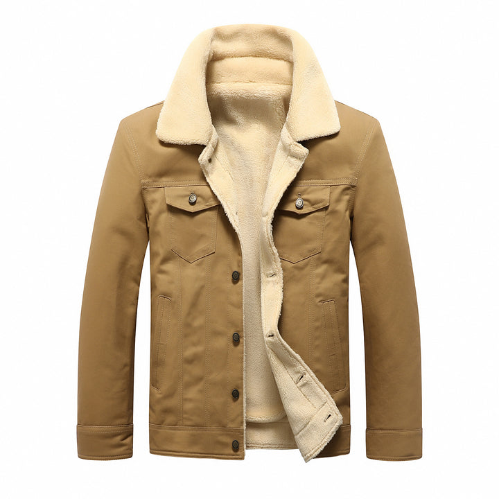 Herren Gefütterte Sherpa‑Truckerjacke mit Kunstfellkragen und Pattentaschen Drune