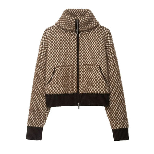 Damen nan kurz geschnittene strukturierte Zip-Strickjacke mit hohem Stehkragen, aufgesetzten Taschen und breitem Rippbund Drune