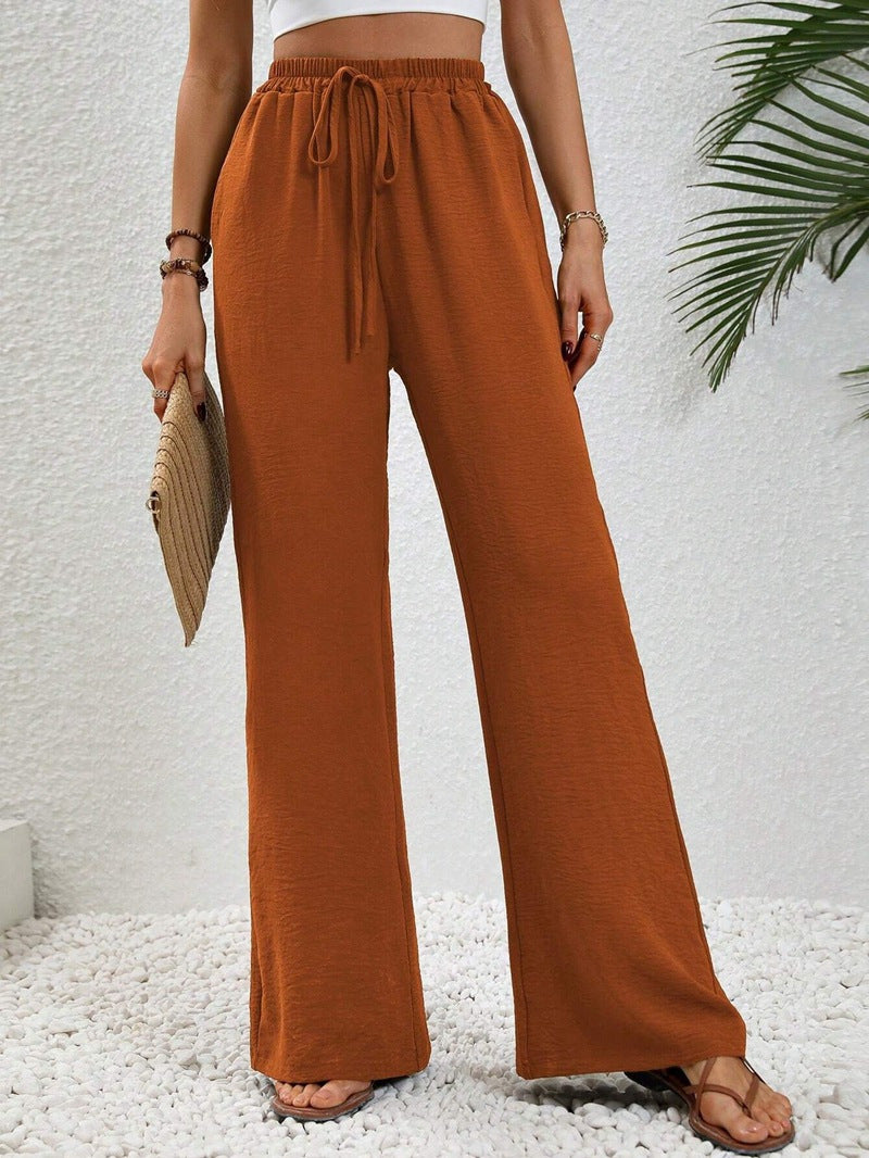 Damen Weite Palazzohose mit hohem Elastikbund, Kordelzug und Eingrifftaschen Drune