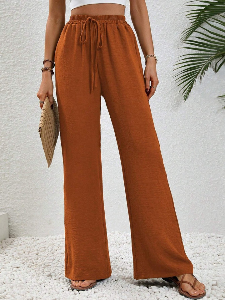 Damen Weite Palazzohose mit hohem Elastikbund, Kordelzug und Eingrifftaschen Drune