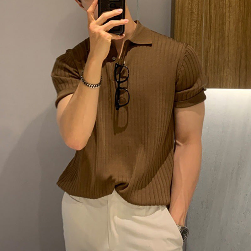 Herren nan schmal geschnittenes geripptes Poloshirt aus Feinstrick mit Kurzarm und Polokragen Drune