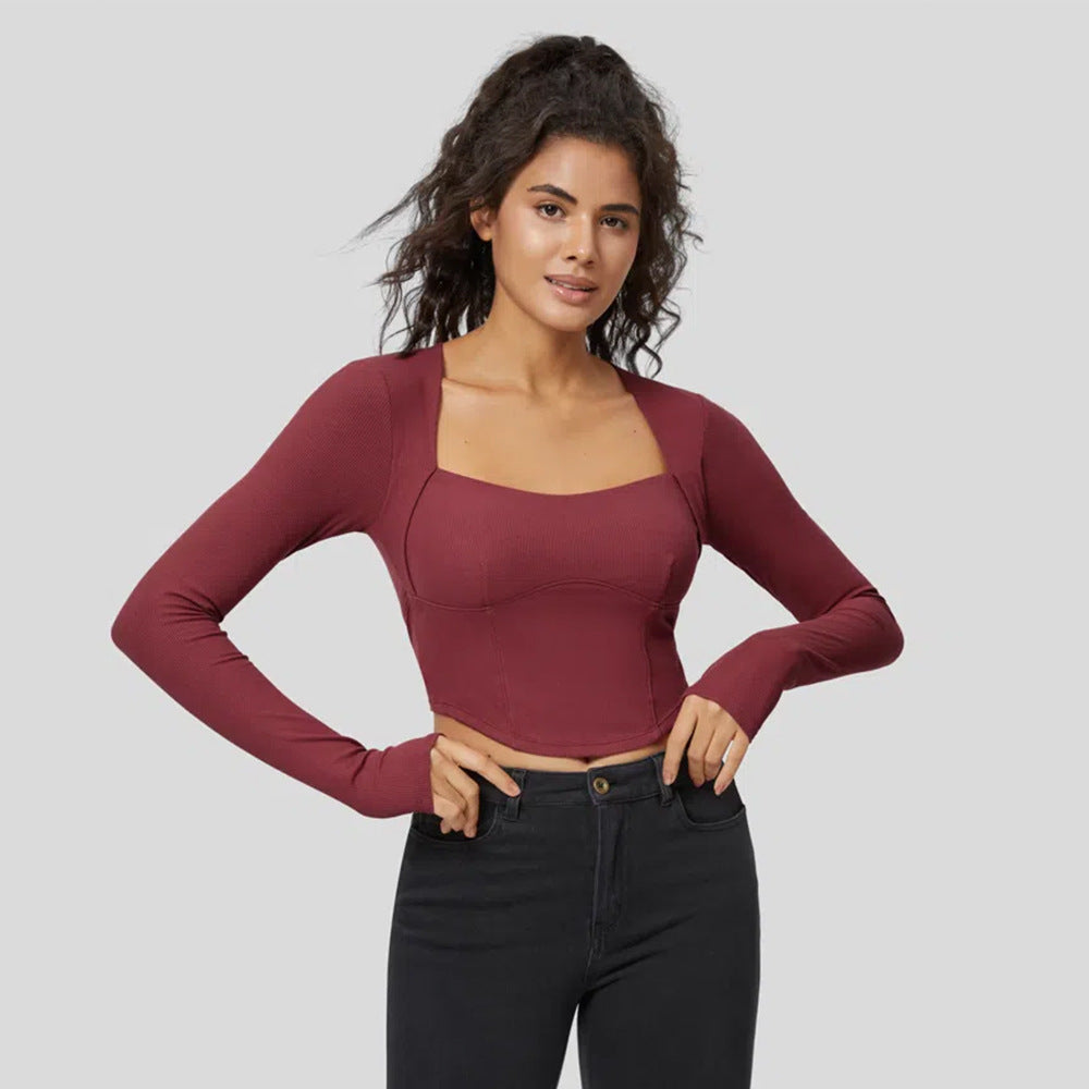 Damen figurbetontes Langarm-Crop-Top mit quadratischem Ausschnitt und feinem Rippmaterial Drune