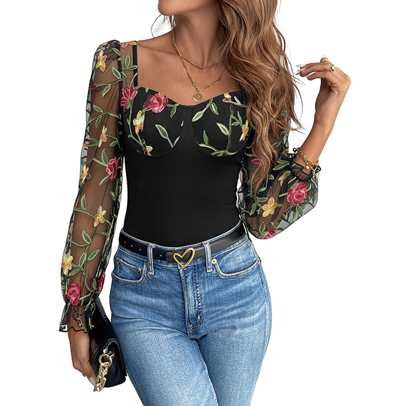 Damen Figurformender Mesh-Body mit Korsettoptik, Balconette-Ausschnitt und bestickten Transparentärmeln Drune
