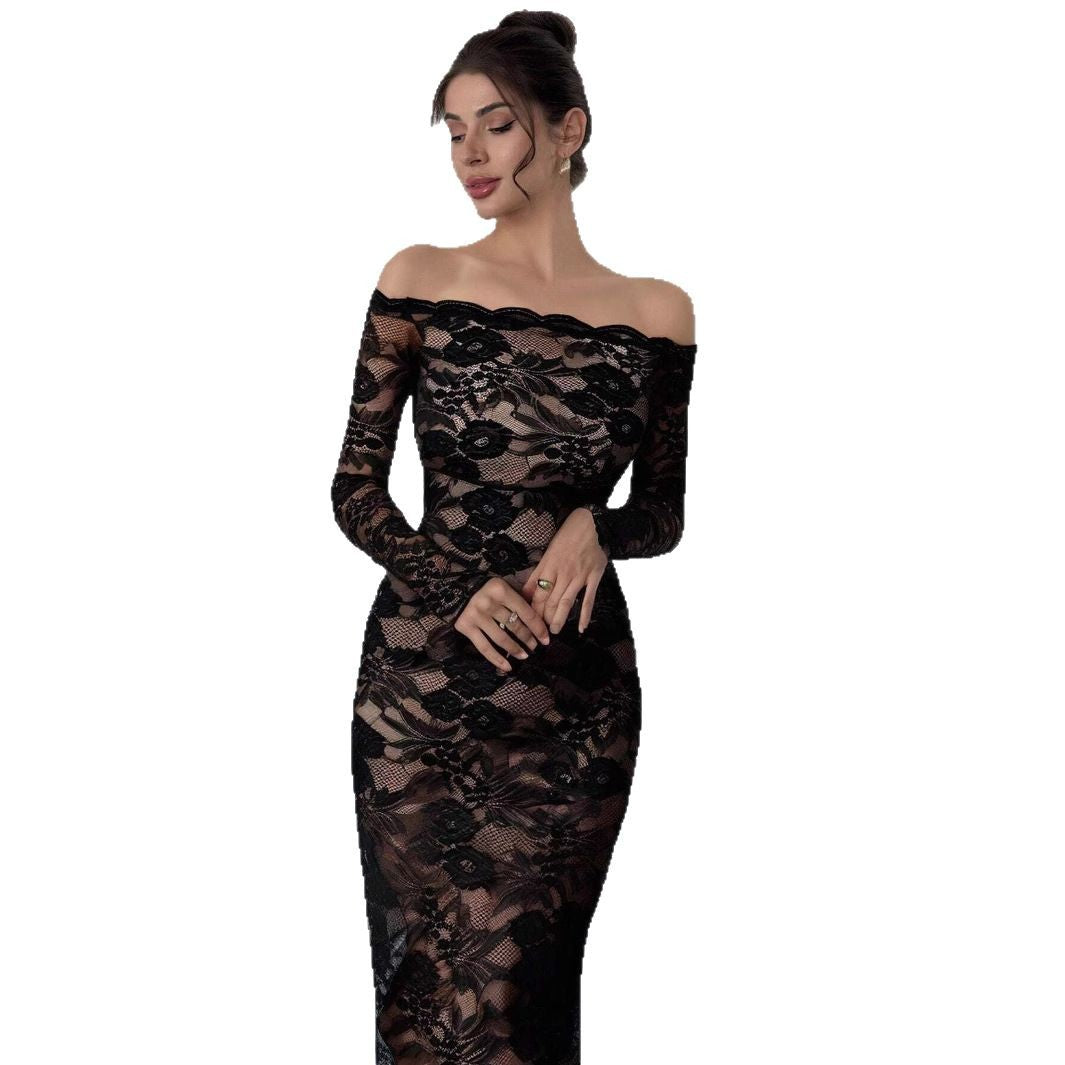 Damen nan schulterfreies figurbetontes Spitzenkleid mit langen Ärmeln Drune
