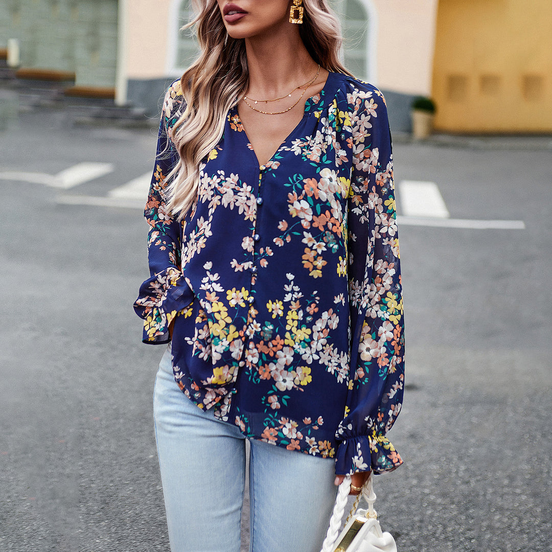 Damen nan Chiffon-Bluse mit floralem Alloverprint, V-Ausschnitt, Knopfleiste und gebundenen Manschetten Drune