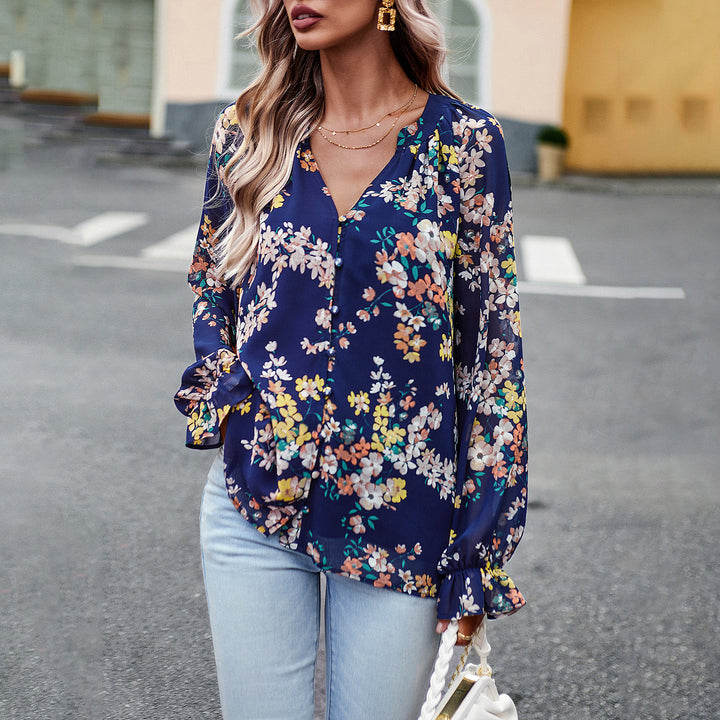 Damen nan Chiffon-Bluse mit floralem Alloverprint, V-Ausschnitt, Knopfleiste und gebundenen Manschetten Drune