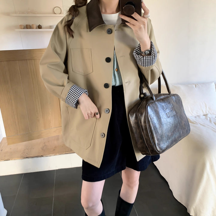 Damen Leichte Oversize-Übergangsjacke mit Kontrastkragen und kariertem Ärmelsaum Drune