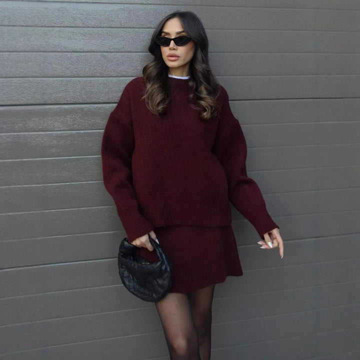 Damen kuscheliges Strickensemble mit hochgeschlossenem Design und ausgestelltem Rock Drune