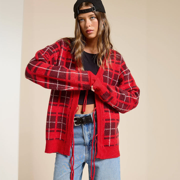 Damen Oversize Karierter Strickcardigan mit Bindegürtel & aufgesetzten Taschen Drune