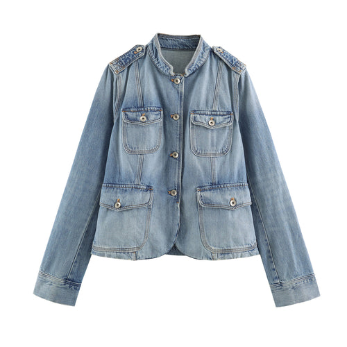 Damen nan leichte Denimjacke mit Stehkragen Schulterklappen und vier Pattentaschen Drune