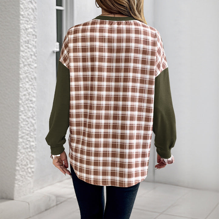 Damen Lässiges Rundhals-Sweatshirt mit Karomuster‑Einsätzen und gerafften Manschetten Drune