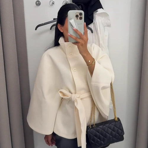 Damen Elegantes Woll-Cape mit Taillengürtel, Stehkragen und verdeckter Knopfleiste Drune