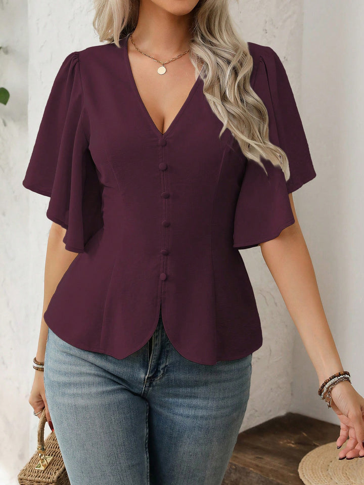 Damen V-Ausschnitt taillierte Bluse mit Schößchen und Volantärmeln Drune