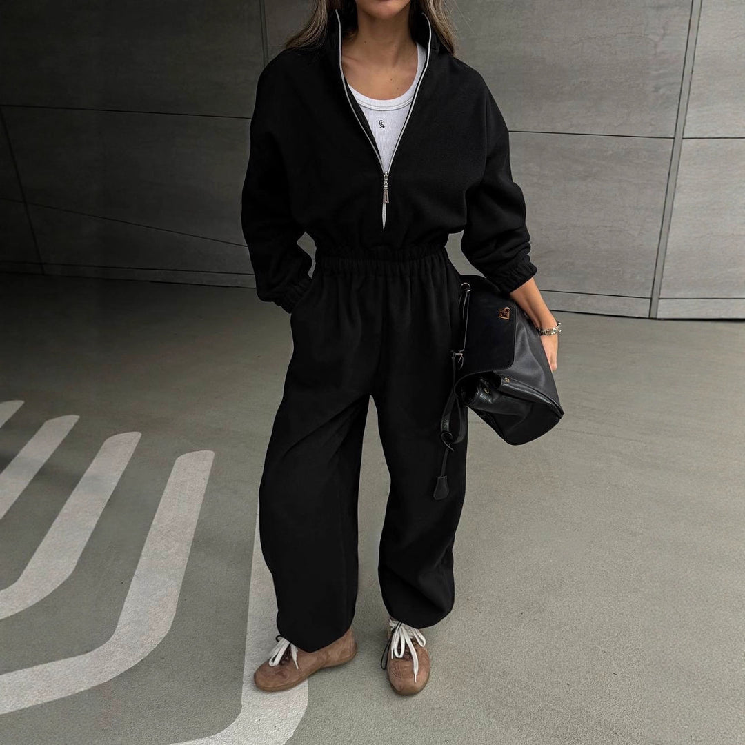 Damen Lässiger Fleece-Hausanzug mit Zip-Kapuze und elastischem Taillenbund Drune