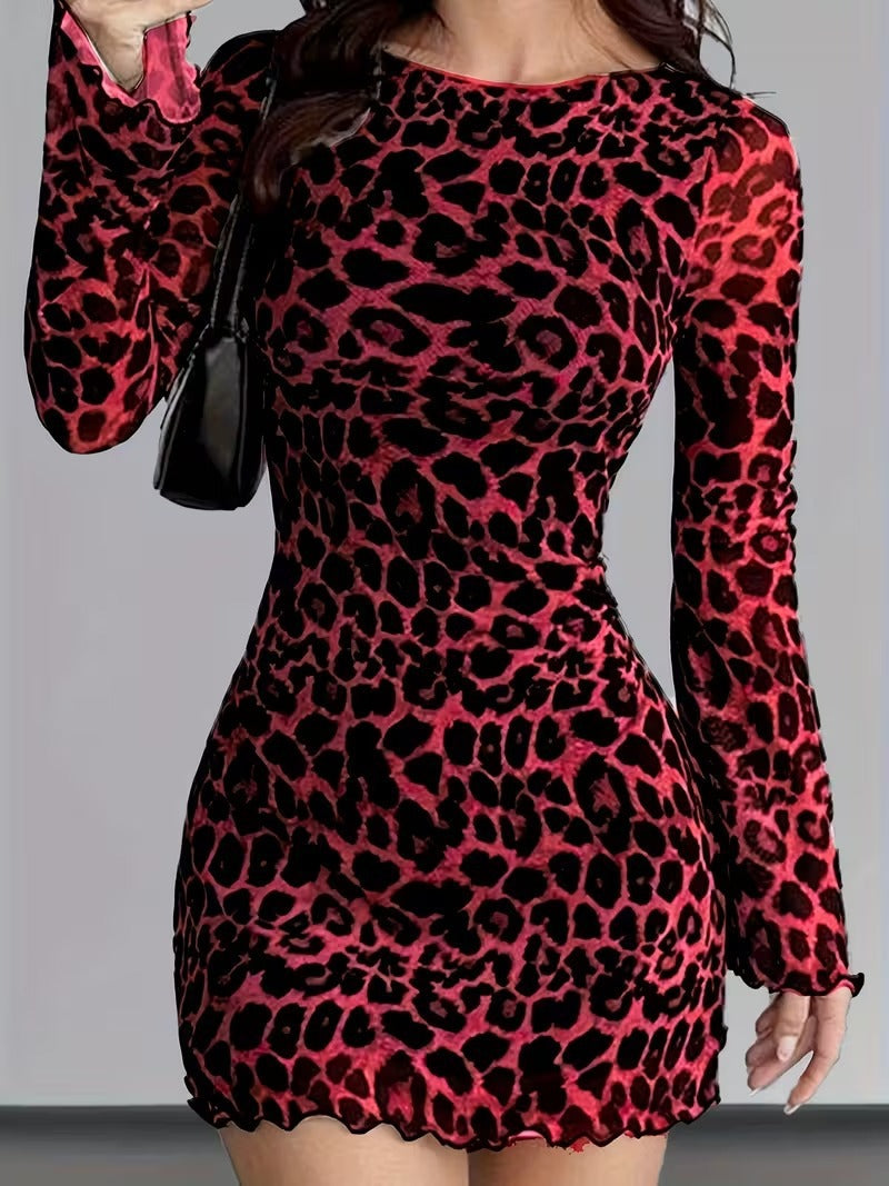 Damen nan figurbetontes Mesh-Minikleid mit Leopardenmuster, langärmligem Bodycon-Schnitt und gewelltem Saum Drune