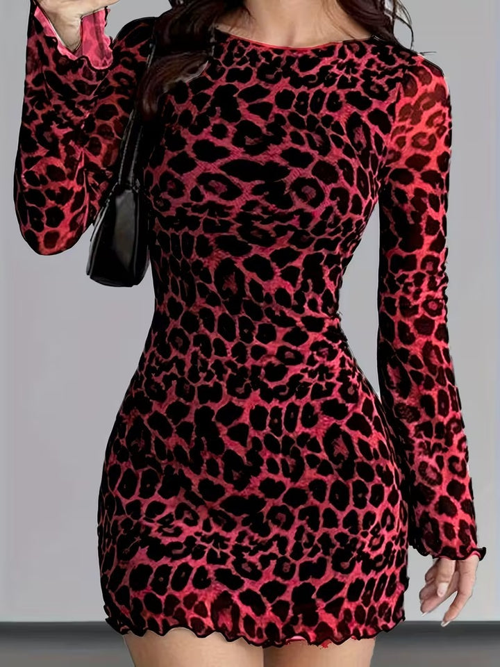 Damen nan figurbetontes Mesh-Minikleid mit Leopardenmuster, langärmligem Bodycon-Schnitt und gewelltem Saum Drune