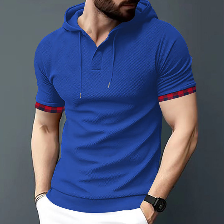 Herren nan figurbetontes Kurzarm-Kapuzenpoloshirt mit Henley-Blende und Kordelzug Drune