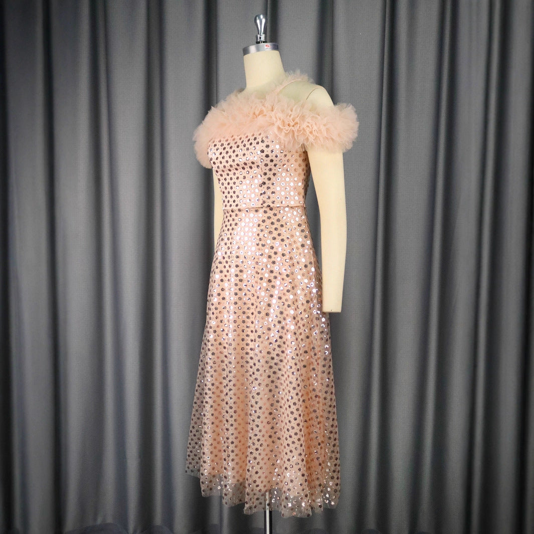 Damen Festliches Abendkleid mit voluminösen Rüschendetails und zartem Glitzer Drune