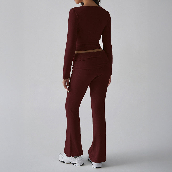 Damen nan figurbetontes Cropped-Set mit langärmeligem Top mit quadratischem Ausschnitt und ausgestellter High‑Waist Yoga-Hose Drune