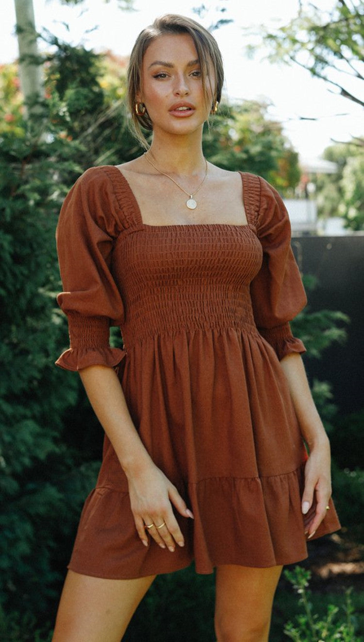 Damen schulterfreies Minikleid mit elastischem Rüschensaum und Puffärmeln Drune