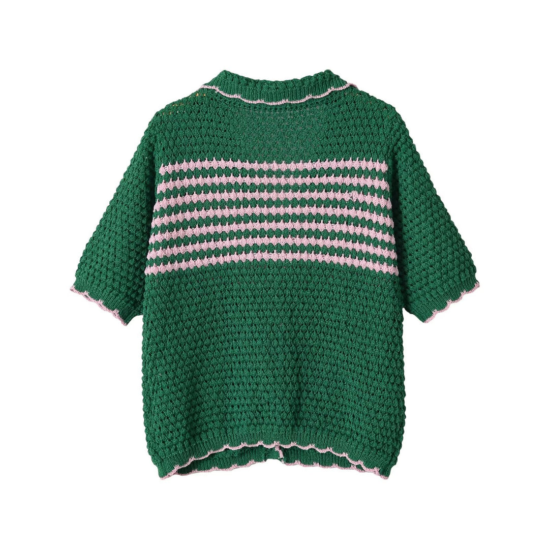 Damen Kurze gehäkelte Strickjacke mit Rüschenkragen und Kontraststreifen Drune