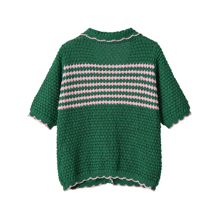 Damen Kurze gehäkelte Strickjacke mit Rüschenkragen und Kontraststreifen Drune