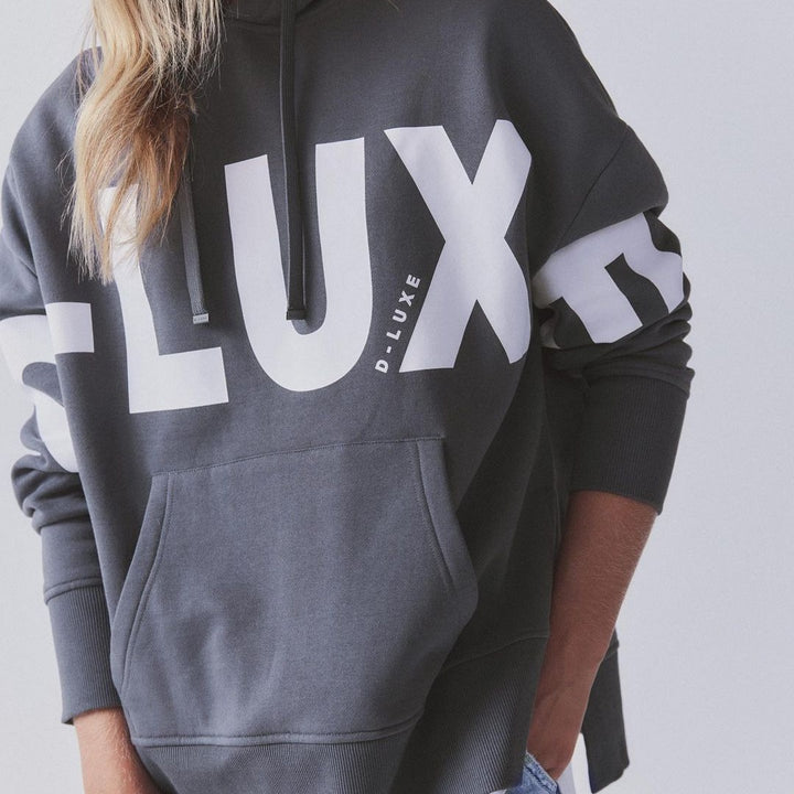 Damen Oversized Kapuzenpullover mit markantem Logoprint, Kängurutasche und Seitenschlitzen Drune
