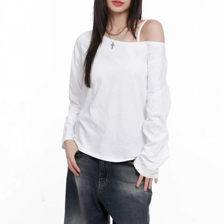 Damen nan asymmetrisches Off-Shoulder Langarmshirt aus Baumwollstretch mit lässigem Oversize-Schnitt Drune