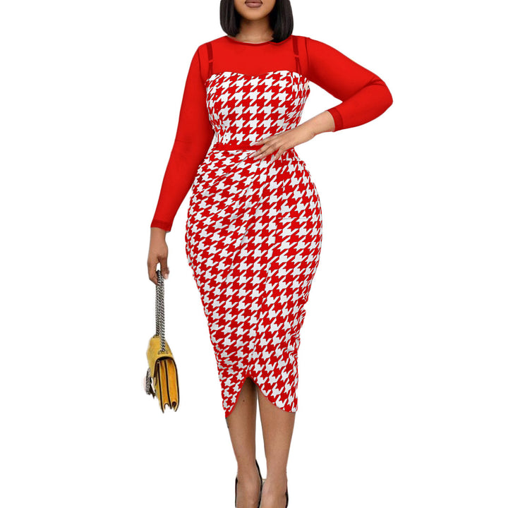 Damen elegantes und figurbetontes Kleid mit Langarm und schickem Hahnentritt-Design Drune