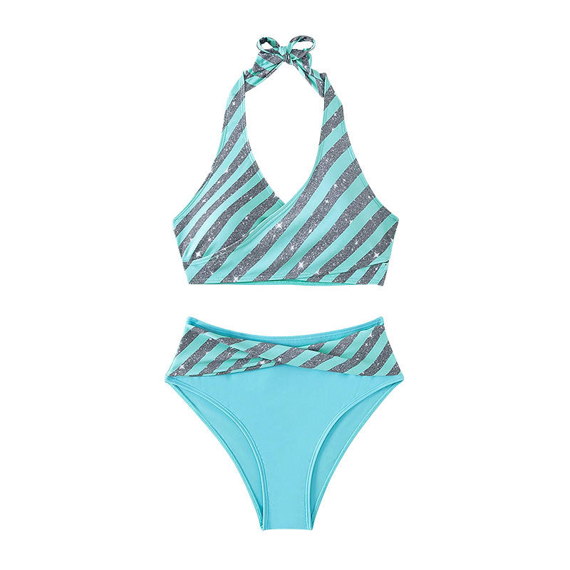 Damen Hoch geschnittener Bikini mit glitzerndem Streifen-Design Drune