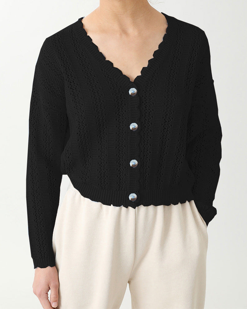 Damen Strickjacke mit filigranem Lochmuster und Wellenabschlüssen Drune