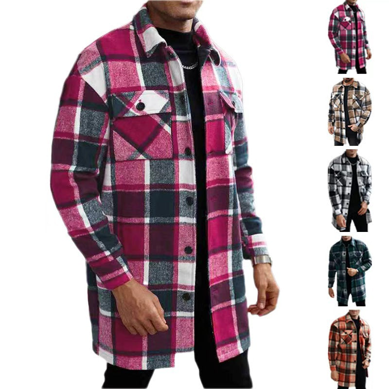 Herren nan kariertes Longline-Überhemd mit aufgesetzten Brusttaschen und Knopfleiste Drune