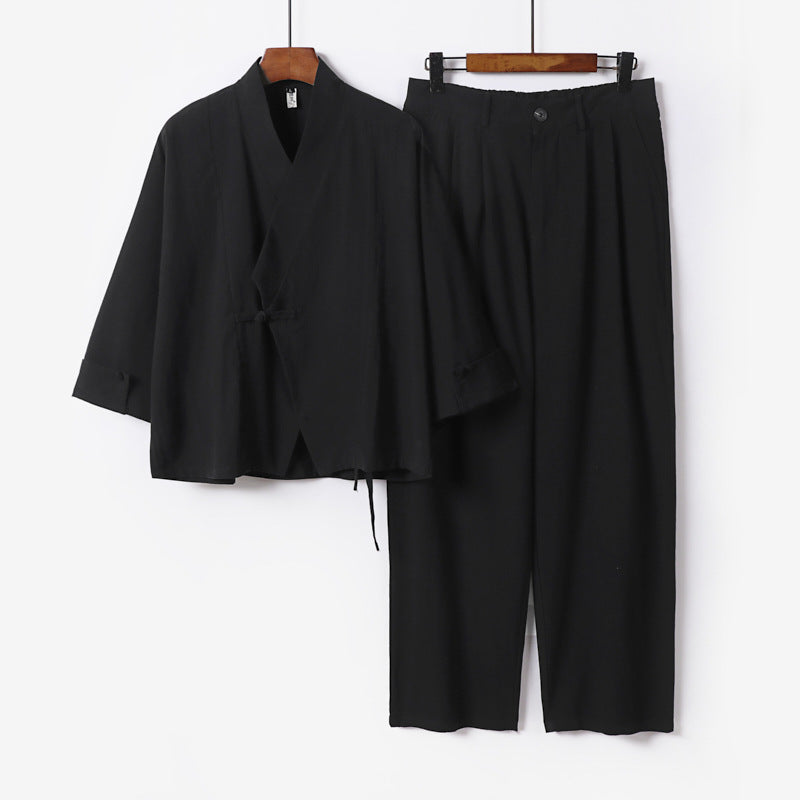Herren Modernes Zen-Loungewear-Set aus Leichtem Material mit Kurz-Kimono und tailliert-zulaufender Bundhose Drune
