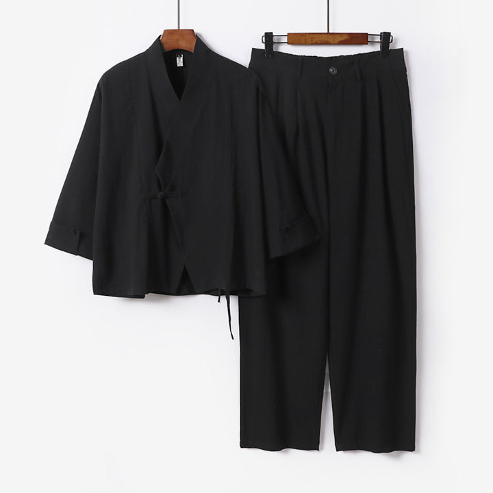 Herren Modernes Zen-Loungewear-Set aus Leichtem Material mit Kurz-Kimono und tailliert-zulaufender Bundhose Drune