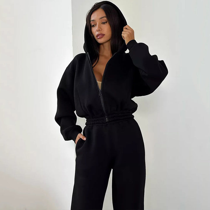 Damen Cropped‑Zip‑Hoodie mit Ballonärmeln und hochgeschnittener Jogginghose mit gerafftem Taillenbund Drune