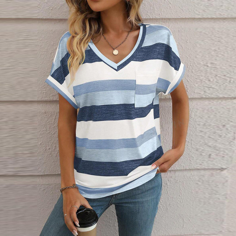 Damen V-Ausschnitt Kurzarmshirt mit Streifenmuster Drune
