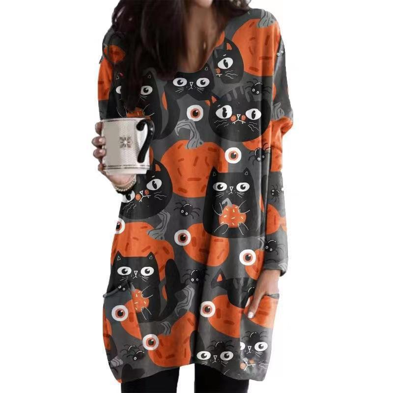 Damen Oversized Grafik Katze und Kürbis Tunika Kleid Drune