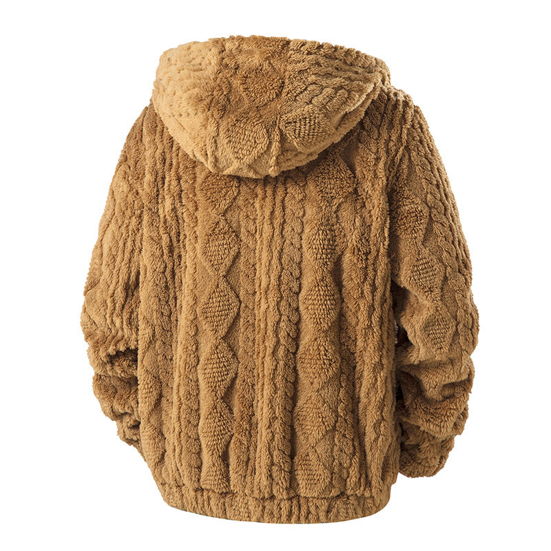 Herren Kuschelige Teddy-Fleece Kapuzenjacke mit durchgehendem Reißverschluss und Brusttasche Drune