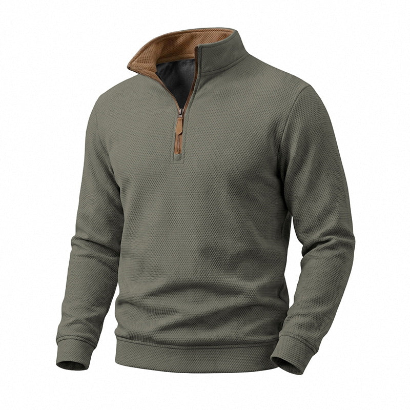 Herren Waffelstruktur-Halbzip-Sweatshirt mit Stehkragen, Kontrastfutter und Lederzipper Drune