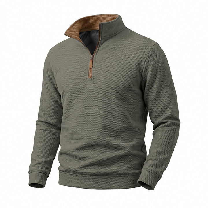 Herren Waffelstruktur-Halbzip-Sweatshirt mit Stehkragen, Kontrastfutter und Lederzipper Drune
