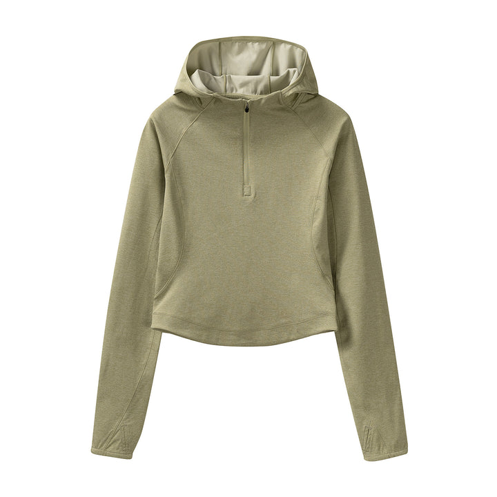 Damen Gekürzter Technical-Hoodie mit Halbzip, Kapuze und Daumenlöchern Drune