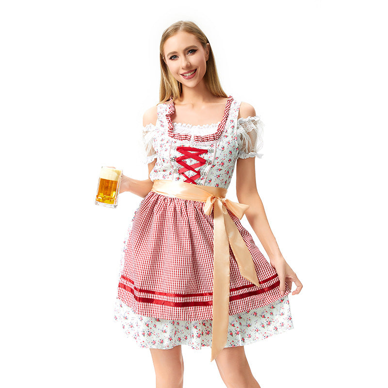 Damen nan traditionelles Oktoberfest Dirndl mit geschnürter Miederpartie, Rüschen und Satin-Schürze Drune