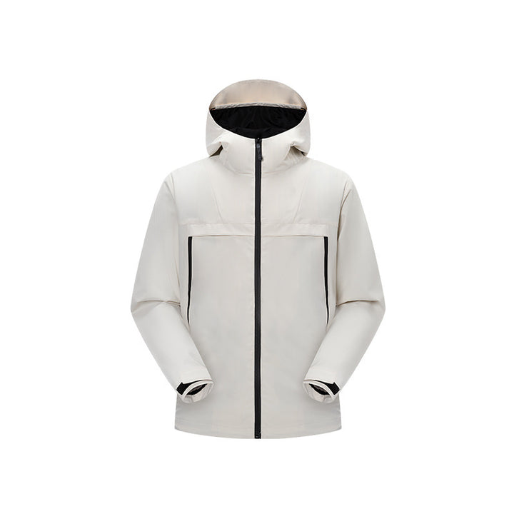 Herren Minimalistische Hybrid‑Regenjacke mit verstaubarer Kapuze und atmungsaktiver Membran Drune