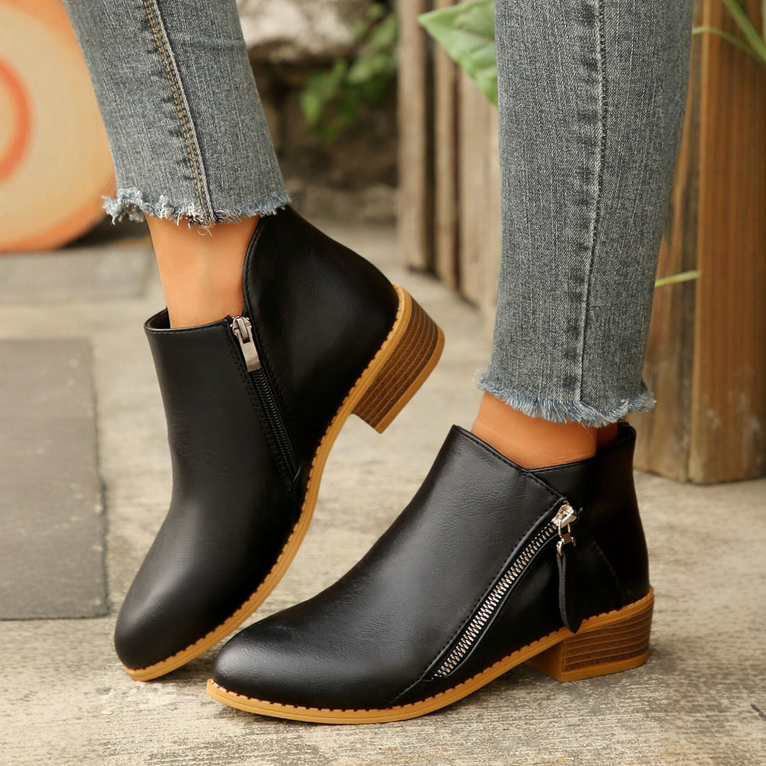 Damen Kurzschaftstiefelette mit seitlichem Reißverschluss und niedrigem Blockabsatz Drune