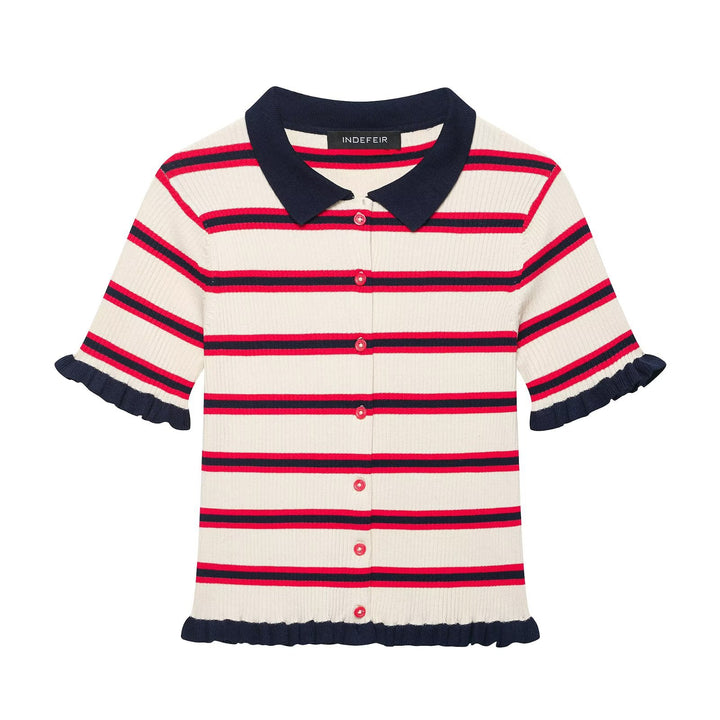 Damen Kurzärmelige Feinstrick-Cardigan mit Polokragen und Volantbündchen Drune