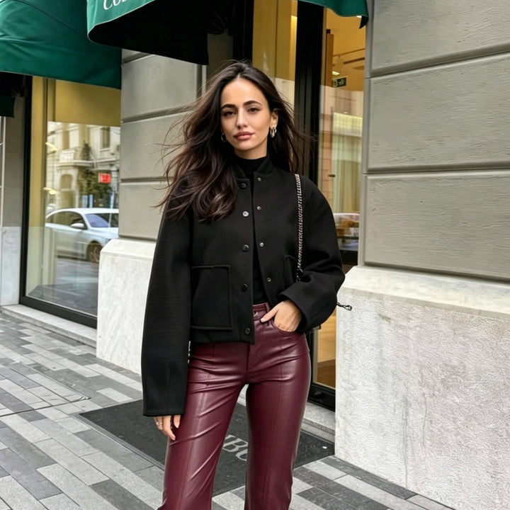 Damen Cropped Wollboxy‑Jacke mit kurzem Stehkragen und aufgesetzten Taschen Drune