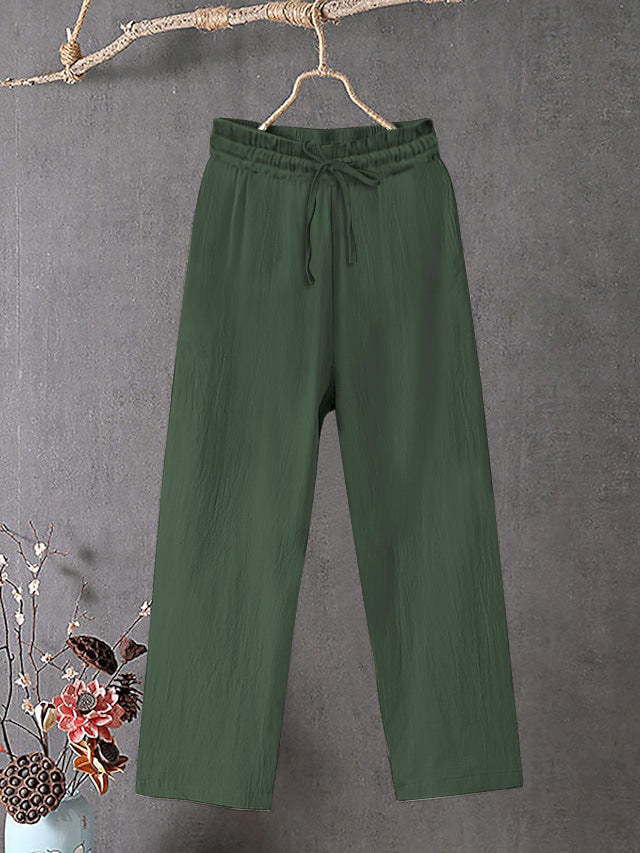 Damen Crinkle Leinenmischung Hose mit elastischem Kordelzug, gerade Beinform und lässiger Passform Drune